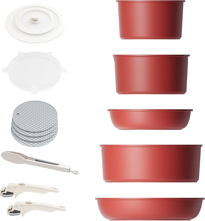 Caannasweis Detachable Nonstick Cookware Set - Stackable Induction Pots and Pans With Removable Handles, Dishwasher Safe - For RV Camping, Oven and Stovetop Use, 5 Pieces (Red)