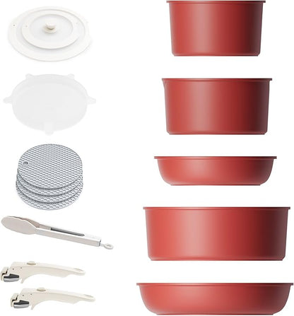 Caannasweis Detachable Nonstick Cookware Set - Stackable Induction Pots and Pans With Removable Handles, Dishwasher Safe - For RV Camping, Oven and Stovetop Use, 5 Pieces (Red)