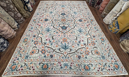 Chain Stitched Rug 9x12 Vintage Carpet 9 x 12 Flatweave Rug, Ivory Teal Rug, Area Rug 9 by 12, Hand Stitched Rug, Medallion, Indian Rug