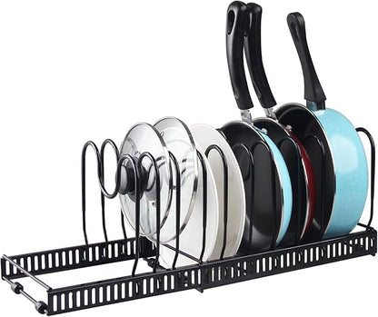 Expandable Pots and Pans Organizer Rack, Pot Lid Kitchen Cabinet Organizer Holder with 10 Adjustable Compartment, Cookware Rack for Kitchen Cabinet Storage, Black