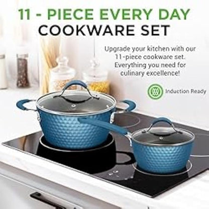 NutriChef 11 Pc Pots and Pans Set Non Stick Cookware with Ceramic Coating, Ergonomic Handles, Induction Ready, Includes Saucepan, Dutch Oven, Large & Small Fry Pans, Royal Blue