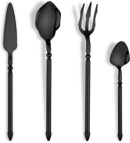 Black Unique Silverware Set,16-Piece Stainless Steel Cutlery Set for 4,Craft Flatware Set with Double-edged Knife,Mirror Polished,Dishwasher Safe