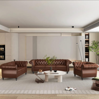 3 Piece Living Room Set, Chesterfield Leather Sofa Loveseat Couch Chair with Scroll Arms and Nailhead for Living Room, Office (Dark Brown)