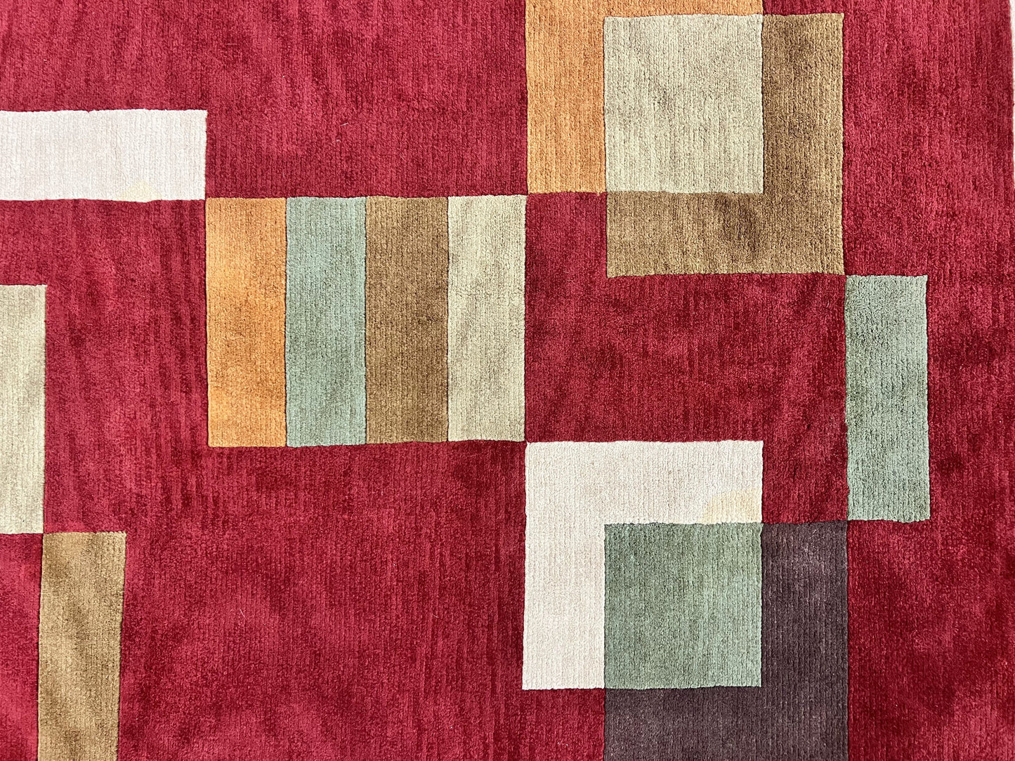 Indo Tibetan Modern Rug 5x8, Abstract Rug 5 x 8 ft, Red Multicolor Wool Handmade Contemporary Area Rug-3