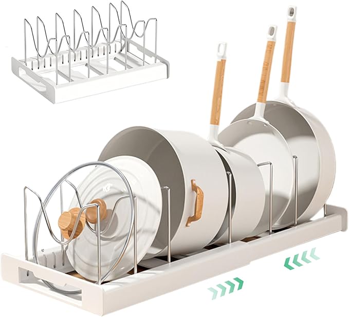 Pot and Pan Organizer, Expandable Pot Lid Holder with 7 Adjustable Compartments, U-shape Rack Organizer, Space-saving Lid for Cabinet, White