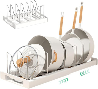Pot and Pan Organizer, Expandable Pot Lid Holder with 7 Adjustable Compartments, U-shape Rack Organizer, Space-saving Lid for Cabinet, White