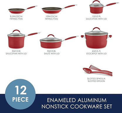 Rachael Ray Cucina Nonstick Cookware Pots and Pans Set, 12 Piece, Cranberry Red