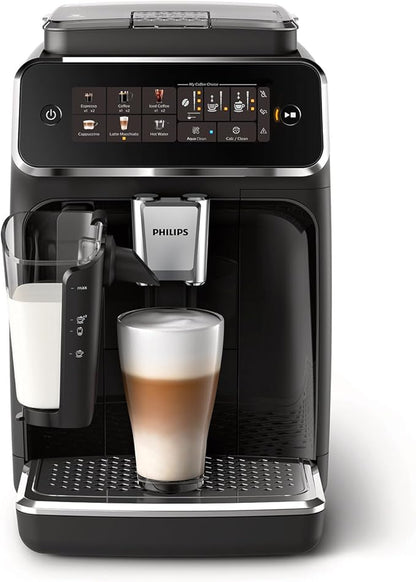 PHILIPS Series 3300 Fully Automatic Espresso Coffee Machine - 6 Hot & Iced Drinks, LatteGo Milk System, 40% Quieter SilentBrew, Ceramic Grinder, Aquaclean Filter, Glossy Black (EP3341/50)