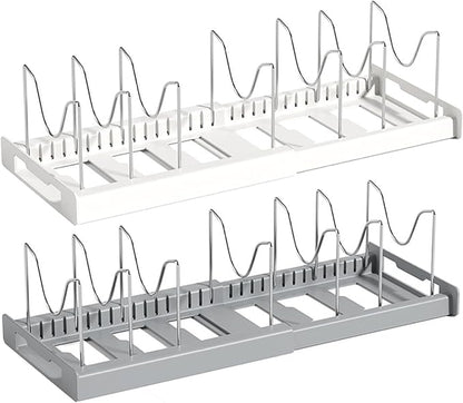 Pot and Pan Organizer, Expandable Pot Lid Holder with 7 Adjustable Compartments, U-shape Rack Organizer, Space-saving Lid for Cabinet, White