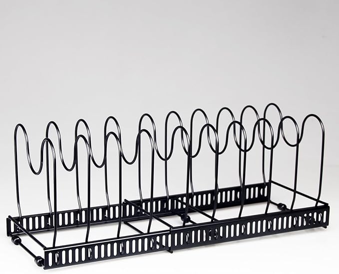 Expandable Pots and Pans Organizer Rack, Pot Lid Kitchen Cabinet Organizer Holder with 10 Adjustable Compartment, Cookware Rack for Kitchen Cabinet Storage, Black