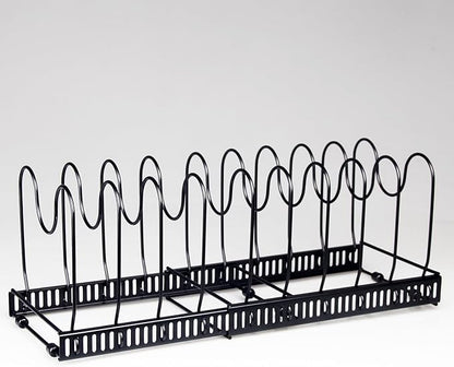 Expandable Pots and Pans Organizer Rack, Pot Lid Kitchen Cabinet Organizer Holder with 10 Adjustable Compartment, Cookware Rack for Kitchen Cabinet Storage, Black
