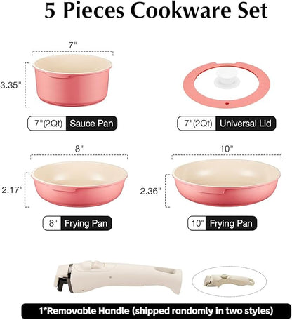 IKTU Ceramic Pots and Pans Set Non Stick Pink, 5Pcs Nonstick Cookware Set with Detachable Handle RV Camping Induction Kitchen Cookware Set Non Stick, PFAS PFOA & PTFE Free