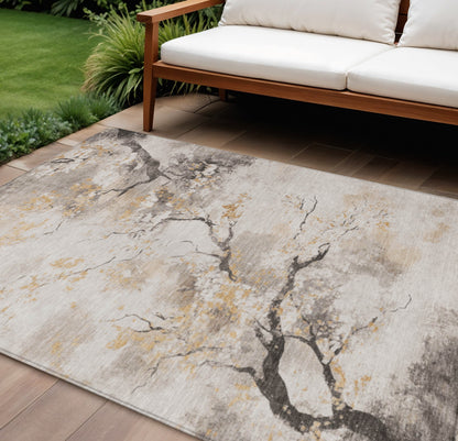 8' X 10' Beige Charcoal And Gold Floral Washable Indoor Outdoor Area Rug