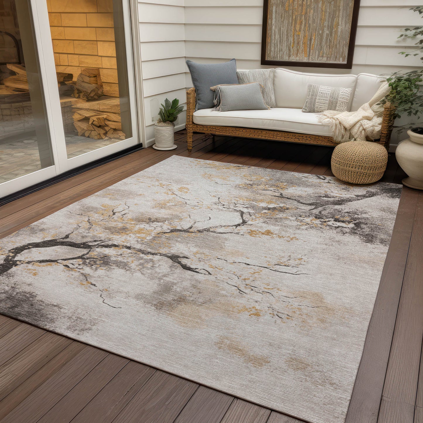 8' X 10' Beige Charcoal And Gold Floral Washable Indoor Outdoor Area Rug