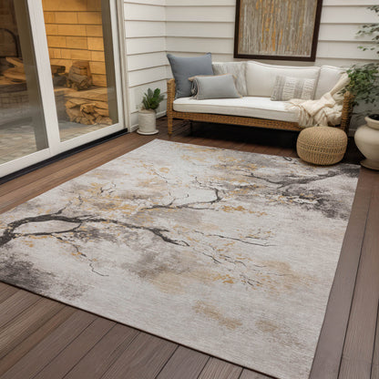 8' X 10' Beige Charcoal And Gold Floral Washable Indoor Outdoor Area Rug