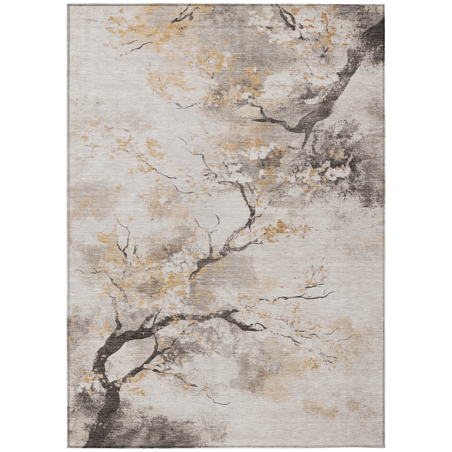 8' X 10' Beige Charcoal And Gold Floral Washable Indoor Outdoor Area Rug