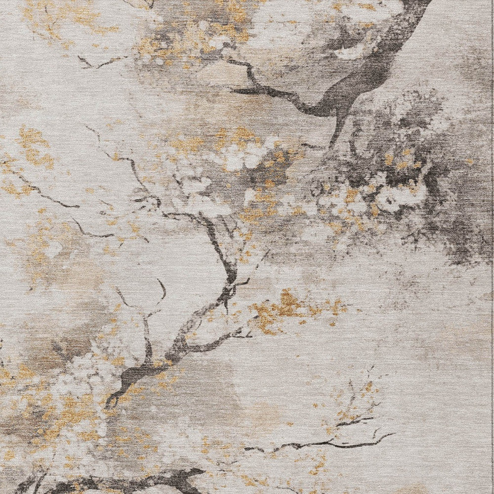 8' X 10' Beige Charcoal And Gold Floral Washable Indoor Outdoor Area Rug