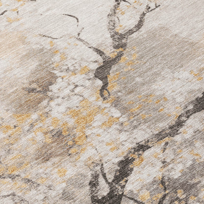 8' X 10' Beige Charcoal And Gold Floral Washable Indoor Outdoor Area Rug