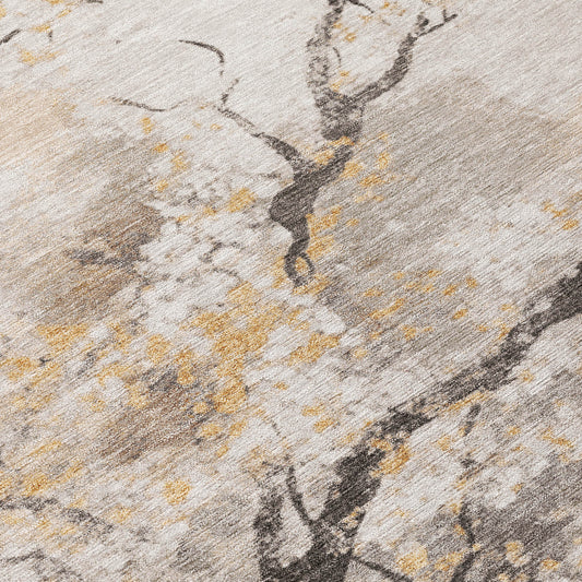 8' X 10' Beige Charcoal And Gold Floral Washable Indoor Outdoor Area Rug