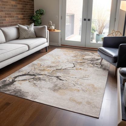 8' X 10' Beige Charcoal And Gold Floral Washable Indoor Outdoor Area Rug