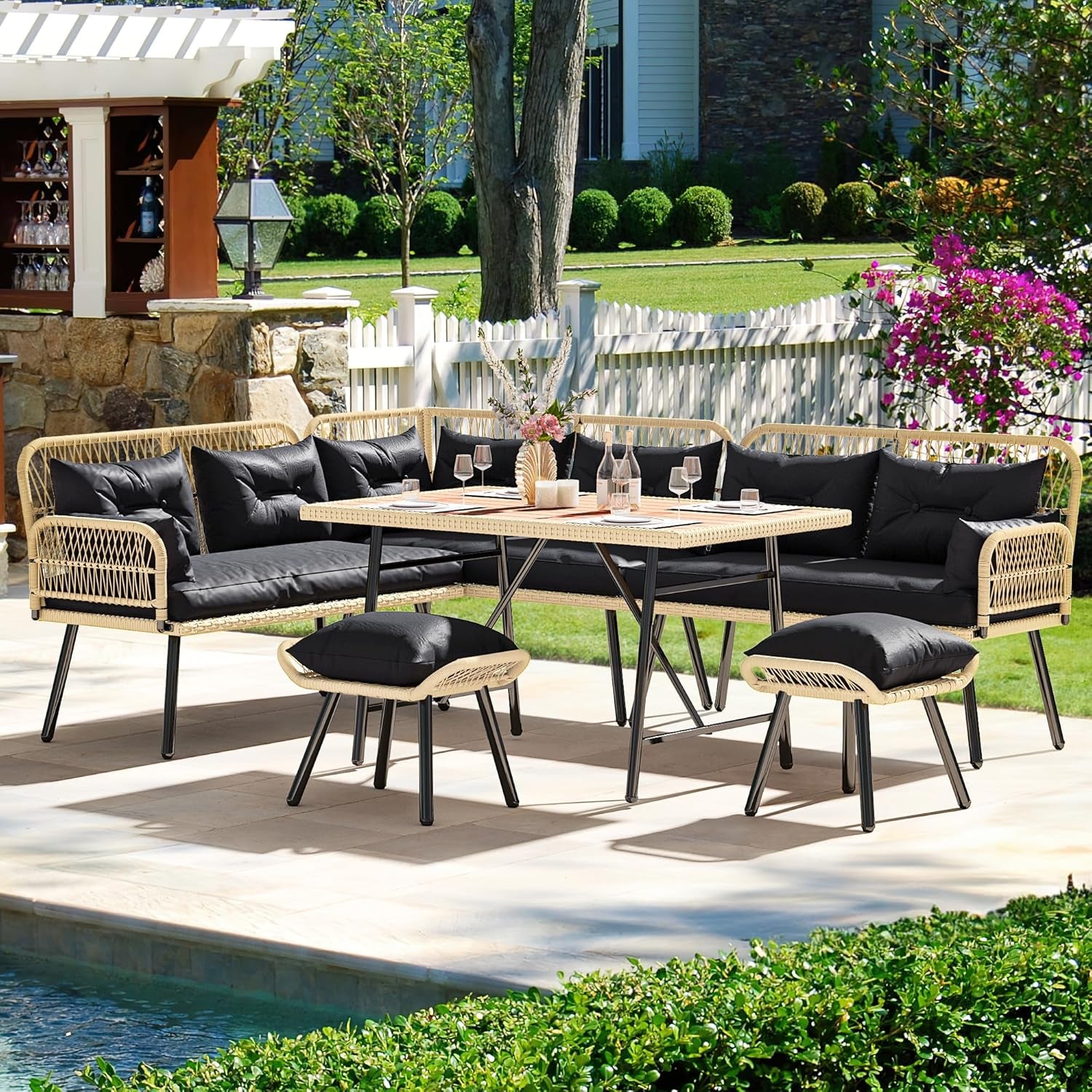 Patio Wicker L-Shaped Furniture Set, All-Weather Rattan Outdoor Conversation Sofa Set for Backyard Deck with Soft Cushions,Ottomans and Plastic Wood Dining Table (Light Brown+Black)-2