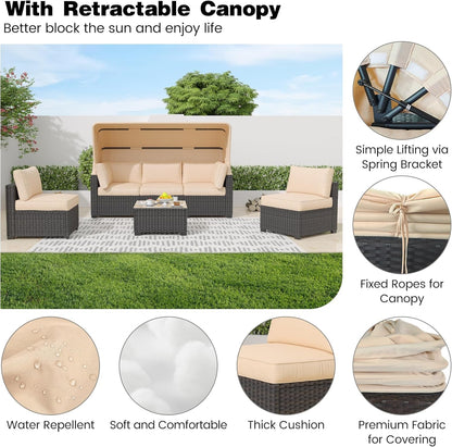 Outdoor Daybed with Canopy,6 Pieces Patio Furniture Sets Adjustable Backrest PE Gradient Wicker Sectional Furniture Set with Tempered Glass Side Table