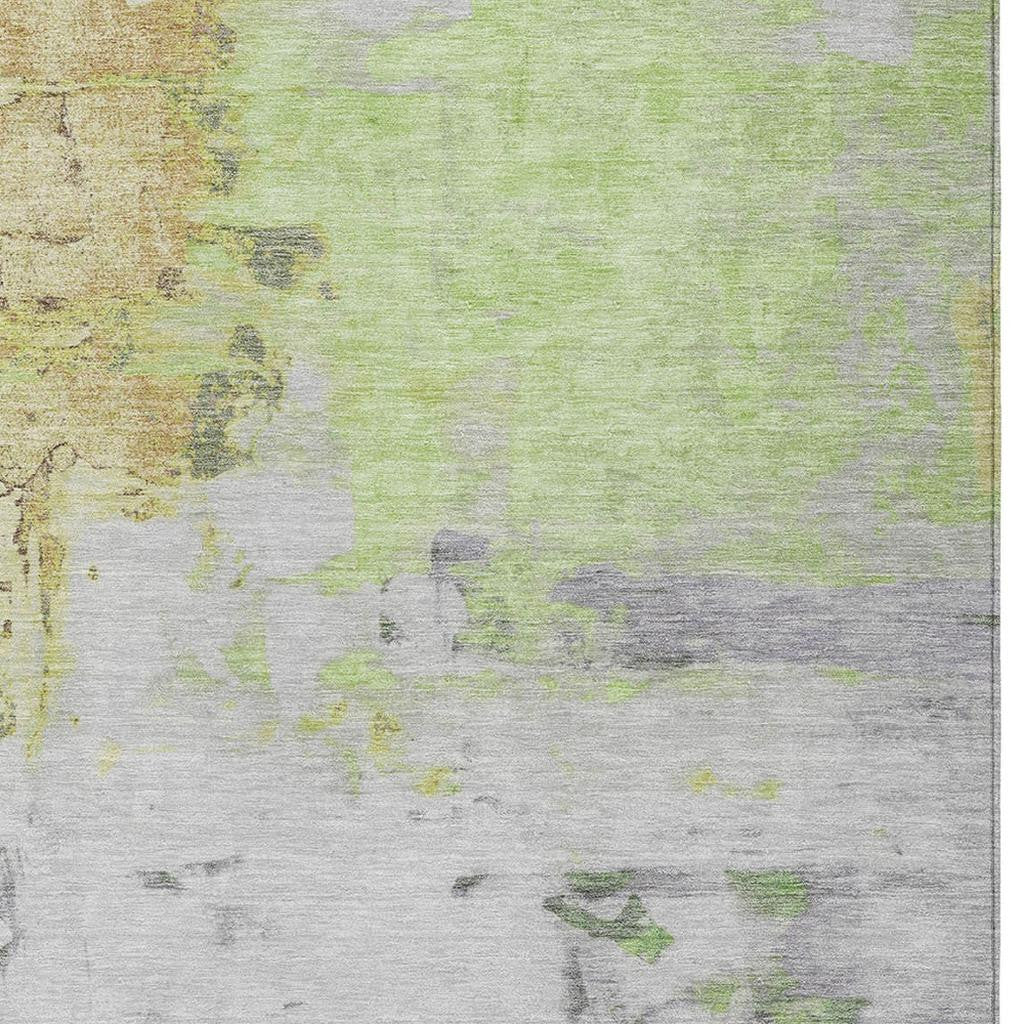5' X 8' Artichoke Green And Gold Abstract Washable Indoor Outdoor Area Rug