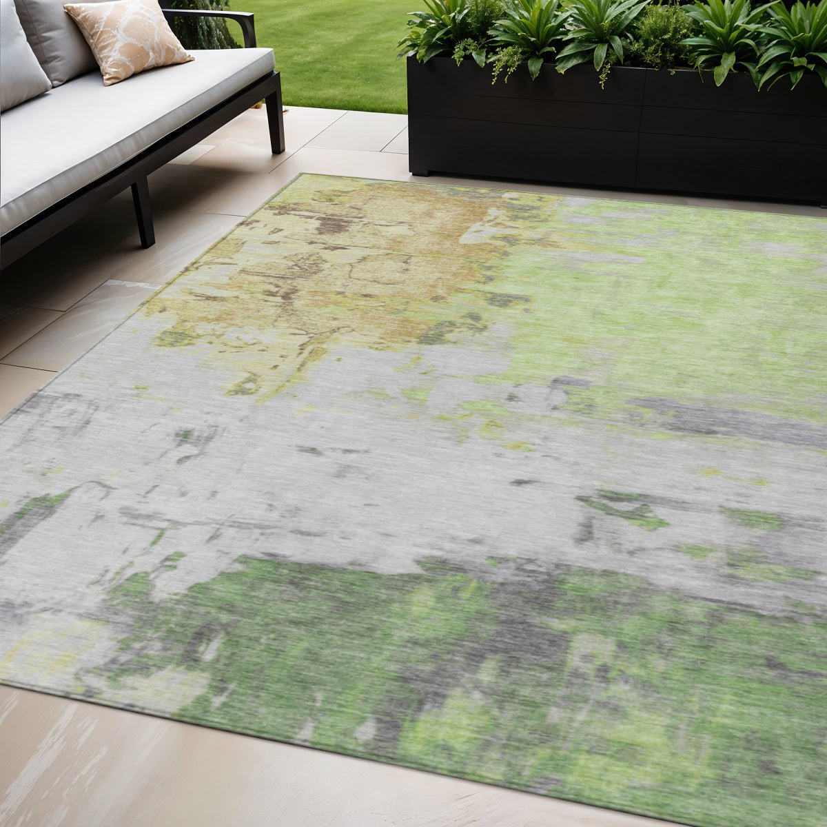 5' X 8' Artichoke Green And Gold Abstract Washable Indoor Outdoor Area Rug