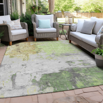 5' X 8' Artichoke Green And Gold Abstract Washable Indoor Outdoor Area Rug