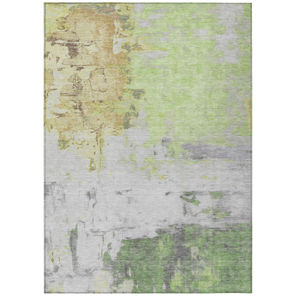 5' X 8' Artichoke Green And Gold Abstract Washable Indoor Outdoor Area Rug