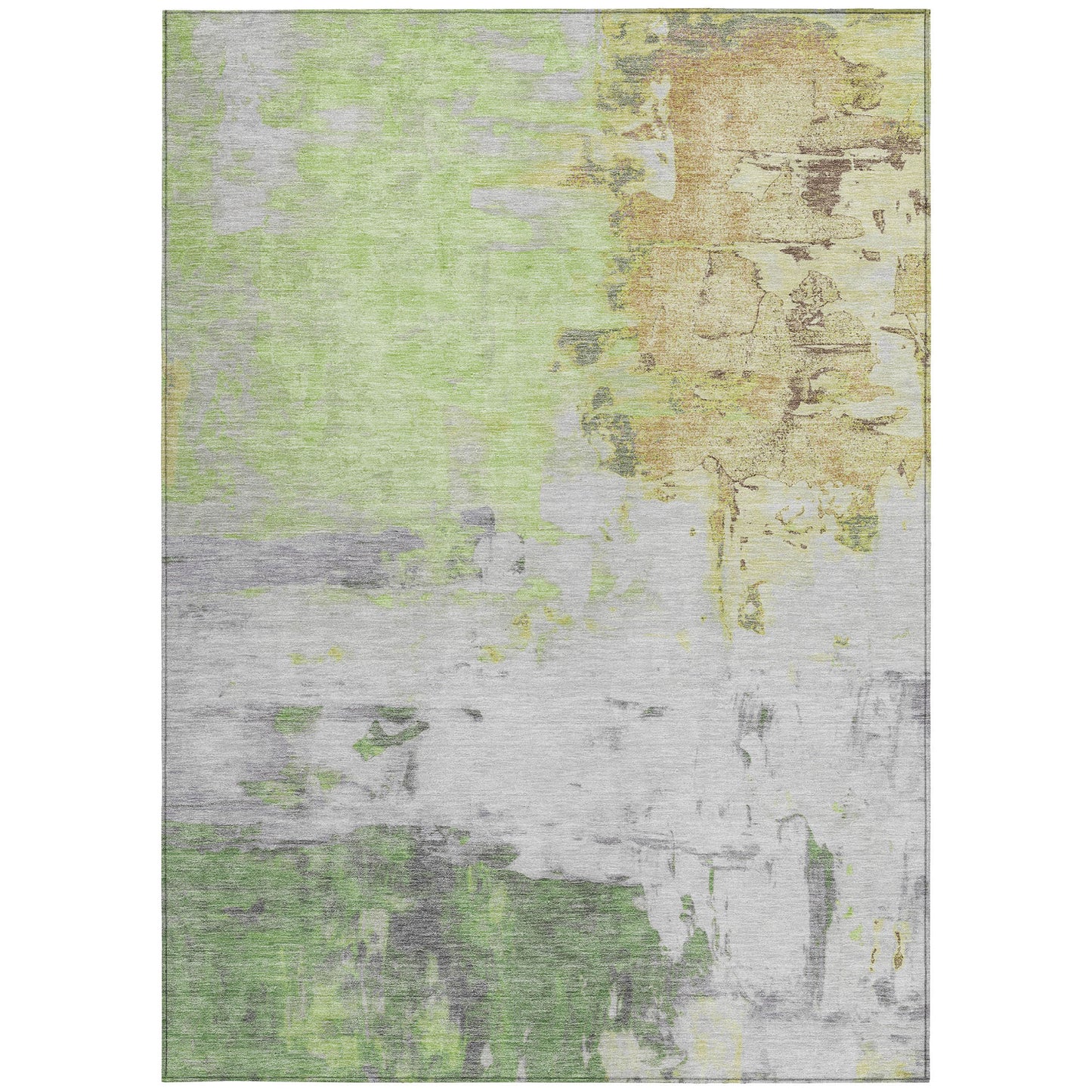 5' X 8' Artichoke Green And Gold Abstract Washable Indoor Outdoor Area Rug