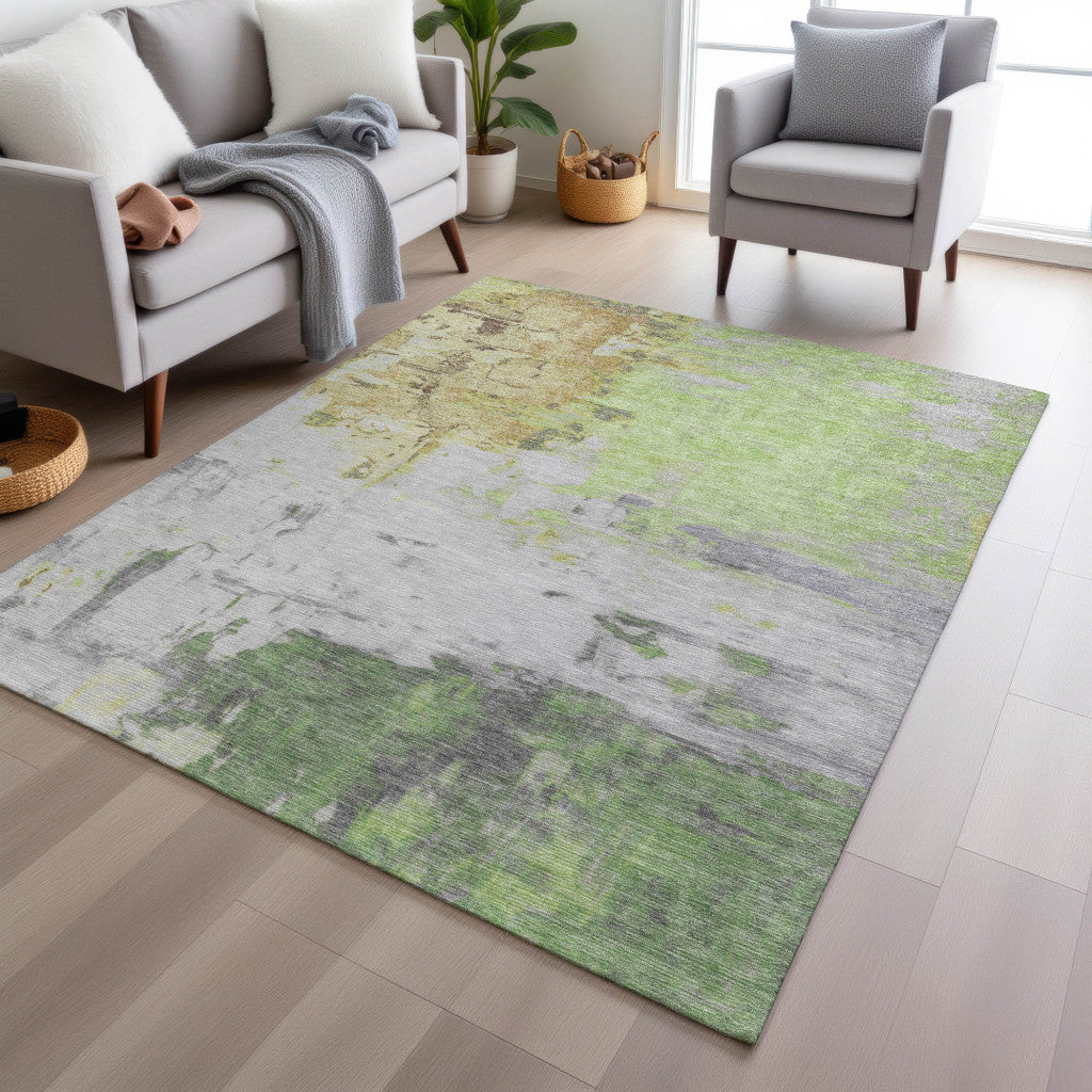 5' X 8' Artichoke Green And Gold Abstract Washable Indoor Outdoor Area Rug