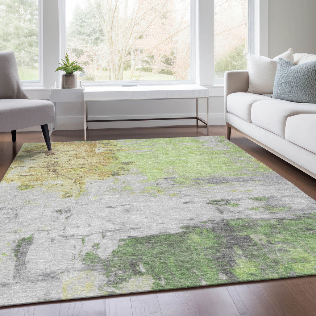 5' X 8' Artichoke Green And Gold Abstract Washable Indoor Outdoor Area Rug