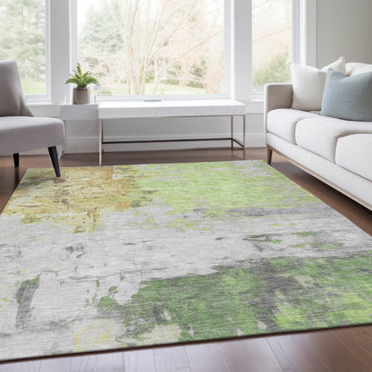 5' X 8' Artichoke Green And Gold Abstract Washable Indoor Outdoor Area Rug