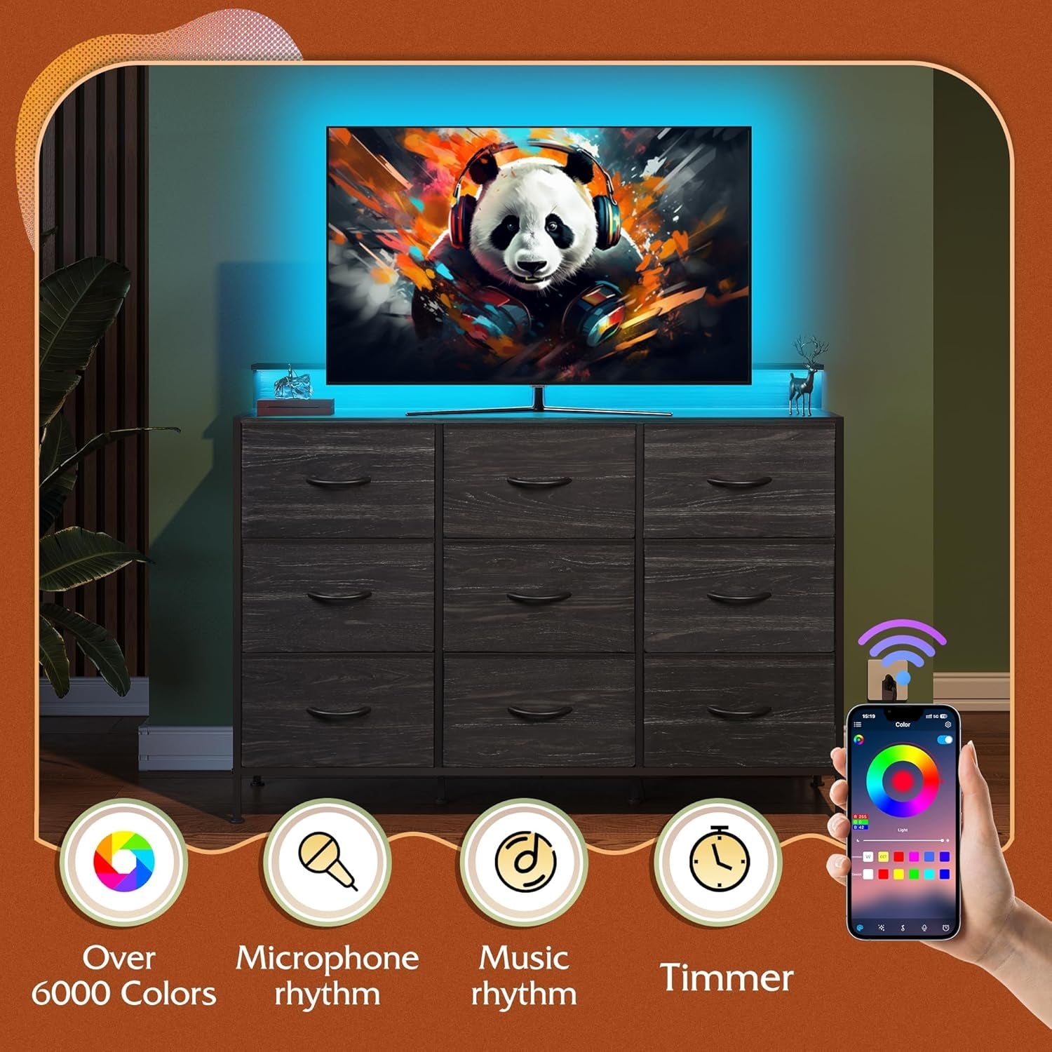 Dresser TV Stand for 55 Inch, Led Dresser for Bedroom, Black Dressers for Bedroom with LED Lights and Charging Station, Chest of Drawers, 9 Fabric Dresser Drawers, Wood Top, Living Room, Closet-4