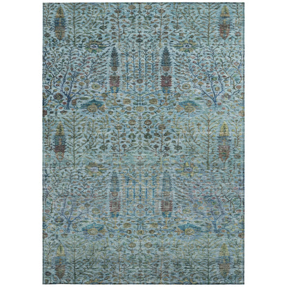 3' X 5' Teal Blue And Pale Aqua Floral Washable Indoor Outdoor Area Rug