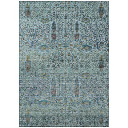 3' X 5' Teal Blue And Pale Aqua Floral Washable Indoor Outdoor Area Rug