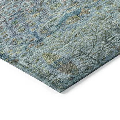 3' X 5' Teal Blue And Pale Aqua Floral Washable Indoor Outdoor Area Rug