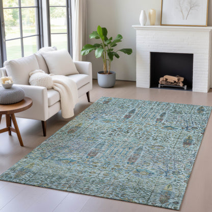3' X 5' Teal Blue And Pale Aqua Floral Washable Indoor Outdoor Area Rug