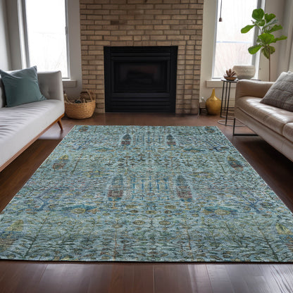3' X 5' Teal Blue And Pale Aqua Floral Washable Indoor Outdoor Area Rug