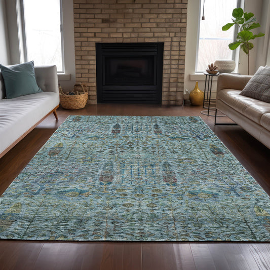 3' X 5' Teal Blue And Pale Aqua Floral Washable Indoor Outdoor Area Rug