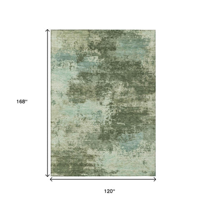 10' X 14' Artichoke Green And Pale Aqua Abstract Washable Indoor Outdoor Area Rug