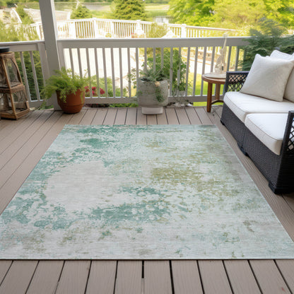 8' X 10' Beige Teal Blue And Ivory Abstract Washable Indoor Outdoor Area Rug
