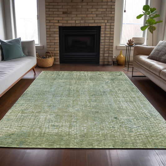 10' X 14' Green And Ivory Abstract Washable Indoor Outdoor Area Rug