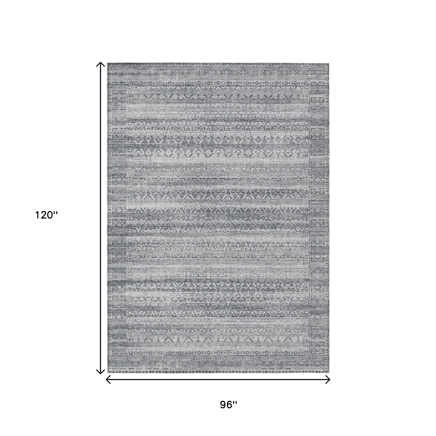 8' X 10' Gray And Silver Striped Washable Indoor Outdoor Area Rug