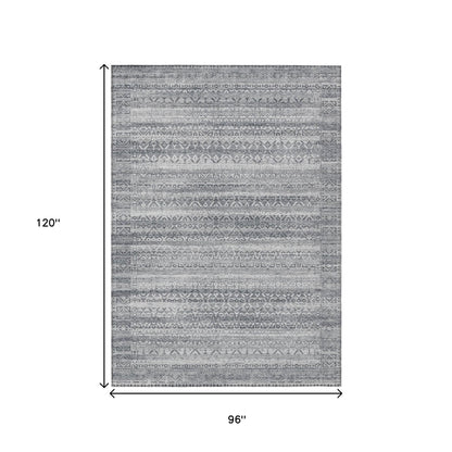 8' X 10' Gray And Silver Striped Washable Indoor Outdoor Area Rug