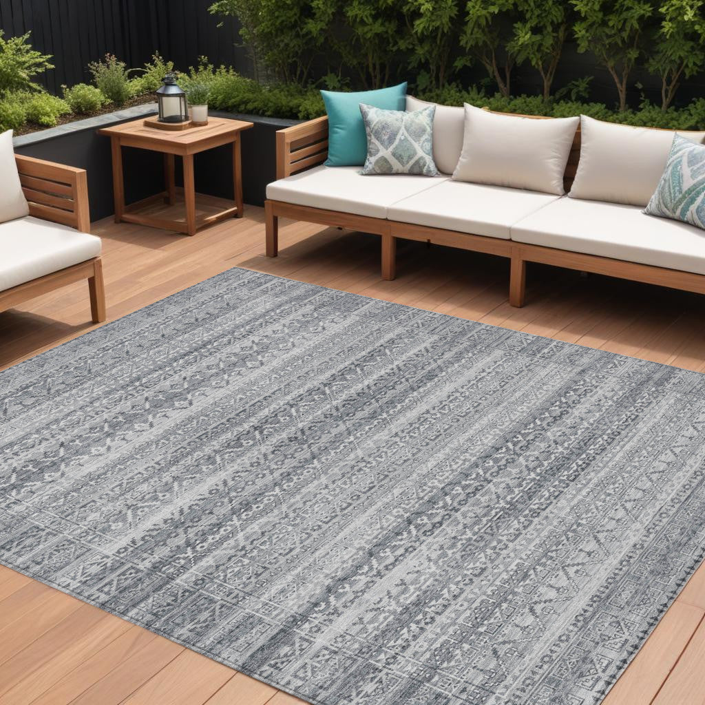 8' X 10' Gray And Silver Striped Washable Indoor Outdoor Area Rug