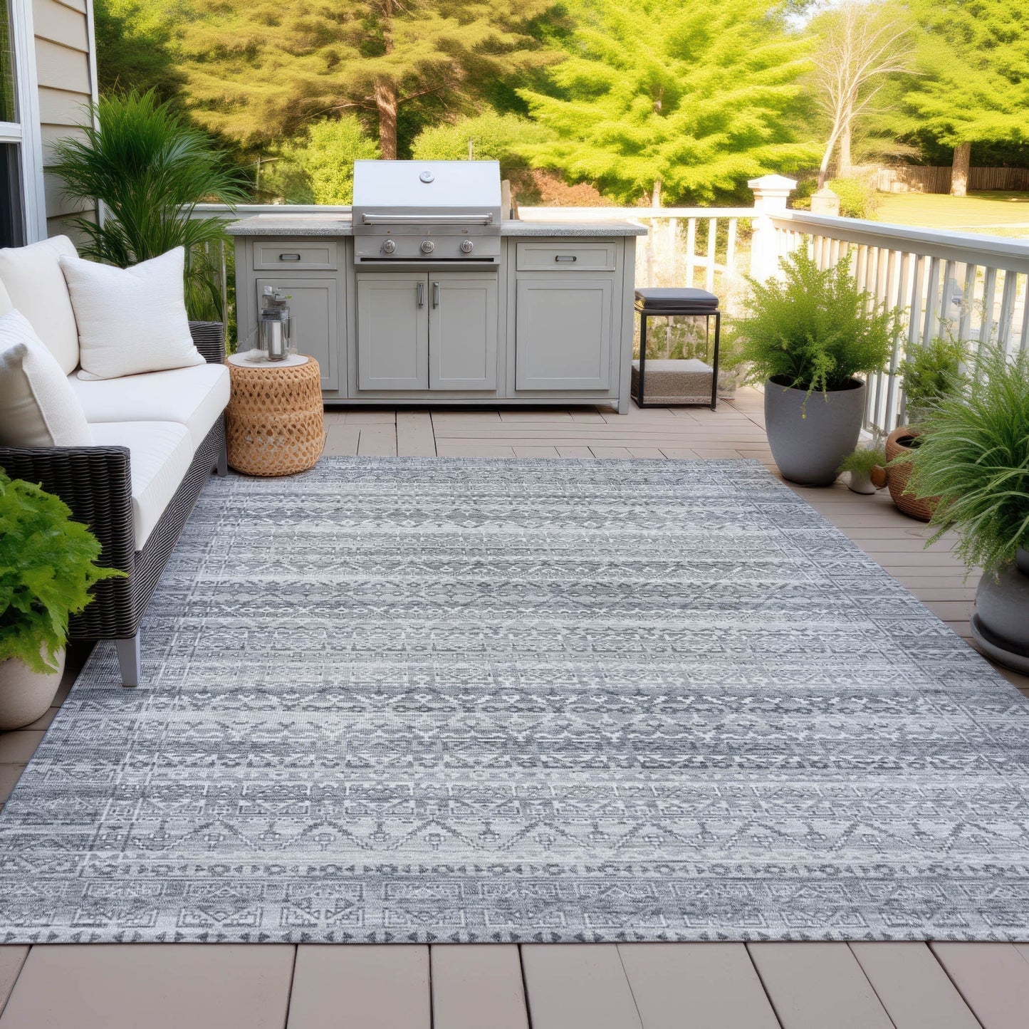 8' X 10' Gray And Silver Striped Washable Indoor Outdoor Area Rug
