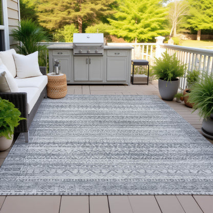 8' X 10' Gray And Silver Striped Washable Indoor Outdoor Area Rug