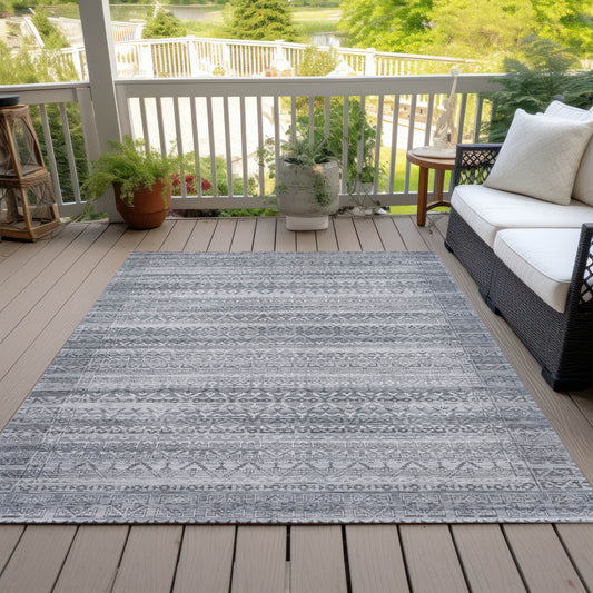 8' X 10' Gray And Silver Striped Washable Indoor Outdoor Area Rug